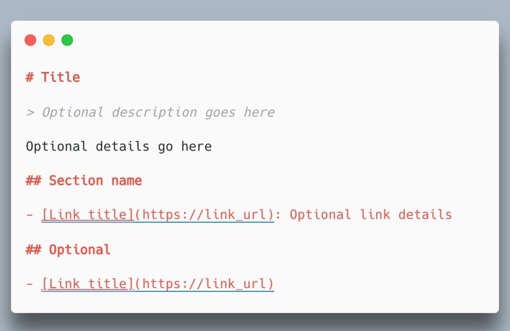 Пример структуры llms.txt с разделами и ссылками